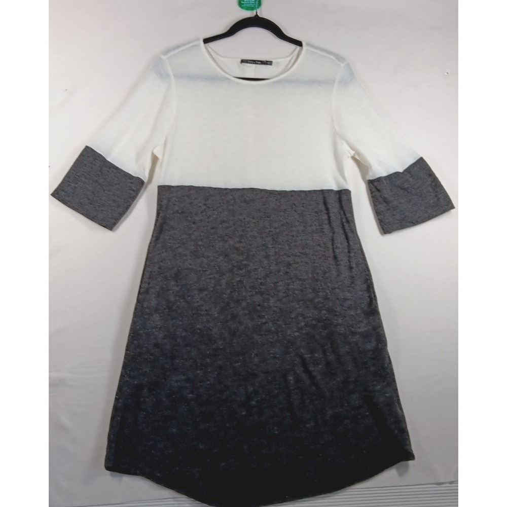 Doe & Rae Womens Mixed Media Round Neck Flutter Sleeve Pockets Gray Evory Small